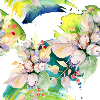 Sonbahar orman meyve buketi. Vahşi bahar yaprak izole. Suluboya resim kümesi. Suluboya çizim moda aquarelle izole. Sorunsuz arka plan deseni. Kumaş duvar kağıdı yazdırma doku.