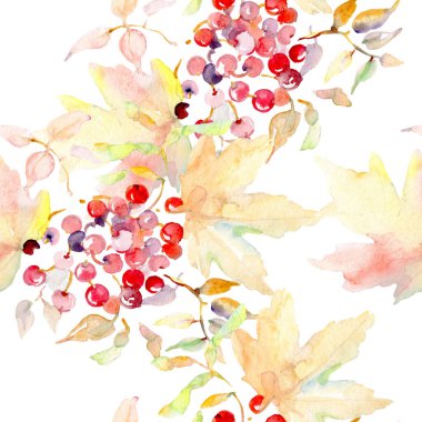 Sonbahar orman meyve buketi. Vahşi bahar yaprak izole. Suluboya resim kümesi. Suluboya çizim moda aquarelle izole. Sorunsuz arka plan deseni. Kumaş duvar kağıdı yazdırma doku.
