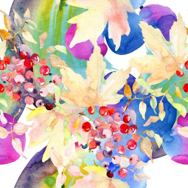 Sonbahar orman meyve buketi. Vahşi bahar yaprak izole. Suluboya resim kümesi. Suluboya çizim moda aquarelle izole. Sorunsuz arka plan deseni. Kumaş duvar kağıdı yazdırma doku.