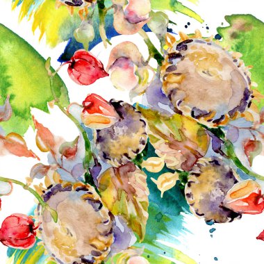 Sonbahar orman meyve buketi. Vahşi bahar yaprak izole. Suluboya resim kümesi. Suluboya çizim moda aquarelle izole. Sorunsuz arka plan deseni. Kumaş duvar kağıdı yazdırma doku.