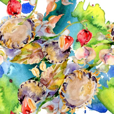 Sonbahar orman meyve buketi. Vahşi bahar yaprak izole. Suluboya resim kümesi. Suluboya çizim moda aquarelle izole. Sorunsuz arka plan deseni. Kumaş duvar kağıdı yazdırma doku.