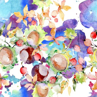 Sonbahar orman meyve buketi. Vahşi bahar yaprak izole. Suluboya resim kümesi. Suluboya çizim moda aquarelle izole. Sorunsuz arka plan deseni. Kumaş duvar kağıdı yazdırma doku.