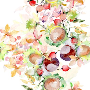 Sonbahar orman meyve buketi. Vahşi bahar yaprak izole. Suluboya resim kümesi. Suluboya çizim moda aquarelle izole. Sorunsuz arka plan deseni. Kumaş duvar kağıdı yazdırma doku.