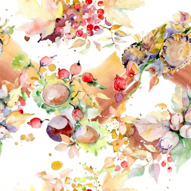 Sonbahar orman meyve buketi. Vahşi bahar yaprak izole. Suluboya resim kümesi. Suluboya çizim moda aquarelle izole. Sorunsuz arka plan deseni. Kumaş duvar kağıdı yazdırma doku.