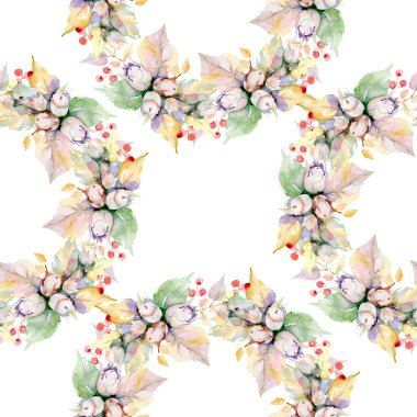 Sonbahar orman meyve buketi. Vahşi bahar yaprak izole. Suluboya resim kümesi. Suluboya çizim moda aquarelle izole. Sorunsuz arka plan deseni. Kumaş duvar kağıdı yazdırma doku.