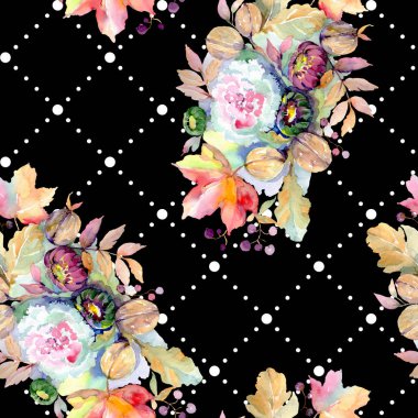 Buketler botanik çiçek. Vahşi bahar yaprak izole. Suluboya resim kümesi. Suluboya çizim moda aquarelle izole. Sorunsuz arka plan deseni. Kumaş duvar kağıdı yazdırma doku.