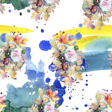 Buketler botanik çiçek. Vahşi bahar yaprak izole. Suluboya resim kümesi. Suluboya çizim moda aquarelle izole. Sorunsuz arka plan deseni. Kumaş duvar kağıdı yazdırma doku.