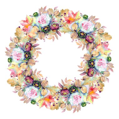 Buketler botanik çiçek. Vahşi bahar yaprak izole kır çiçeği. Suluboya arka plan illüstrasyon küme. Suluboya çizim moda aquarelle izole. Çerçeve kenarlığı süsleme Meydanı.