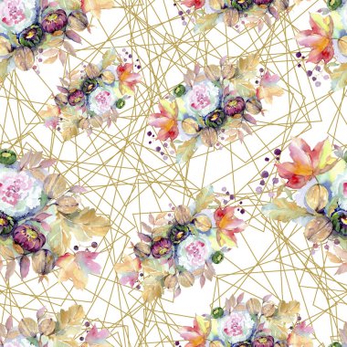 Buketler botanik çiçek. Vahşi bahar yaprak izole. Suluboya resim kümesi. Suluboya çizim moda aquarelle izole. Sorunsuz arka plan deseni. Kumaş duvar kağıdı yazdırma doku.