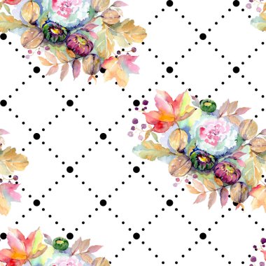 Buketler botanik çiçek. Vahşi bahar yaprak izole. Suluboya resim kümesi. Suluboya çizim moda aquarelle izole. Sorunsuz arka plan deseni. Kumaş duvar kağıdı yazdırma doku.