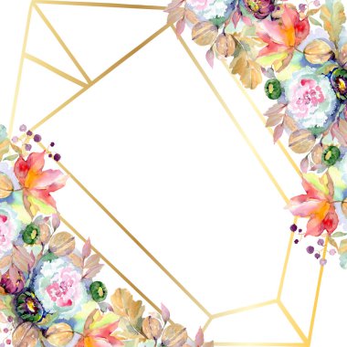 Buketler botanik çiçek. Vahşi bahar yaprak izole kır çiçeği. Suluboya arka plan illüstrasyon küme. Suluboya çizim moda aquarelle izole. Çerçeve kenarlığı süsleme Meydanı.