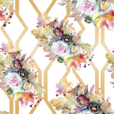 Buketler botanik çiçek. Vahşi bahar yaprak izole. Suluboya resim kümesi. Suluboya çizim moda aquarelle izole. Sorunsuz arka plan deseni. Kumaş duvar kağıdı yazdırma doku.