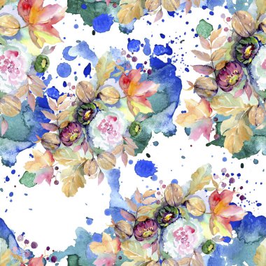 Buketler botanik çiçek. Vahşi bahar yaprak izole. Suluboya resim kümesi. Suluboya çizim moda aquarelle izole. Sorunsuz arka plan deseni. Kumaş duvar kağıdı yazdırma doku.