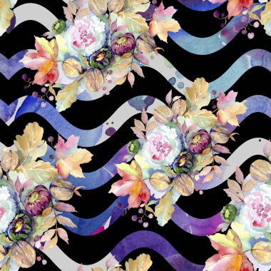 Buketler botanik çiçek. Vahşi bahar yaprak izole. Suluboya resim kümesi. Suluboya çizim moda aquarelle izole. Sorunsuz arka plan deseni. Kumaş duvar kağıdı yazdırma doku.