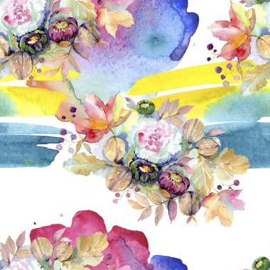 Buketler botanik çiçek. Vahşi bahar yaprak izole. Suluboya resim kümesi. Suluboya çizim moda aquarelle izole. Sorunsuz arka plan deseni. Kumaş duvar kağıdı yazdırma doku.