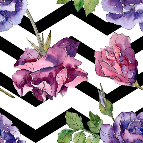 Purple and red rose botanical flowers. Wild spring leaf isolated. Watercolor illustration set. Watercolour drawing fashion aquarelle. Seamless background pattern. Fabric wallpaper print texture.