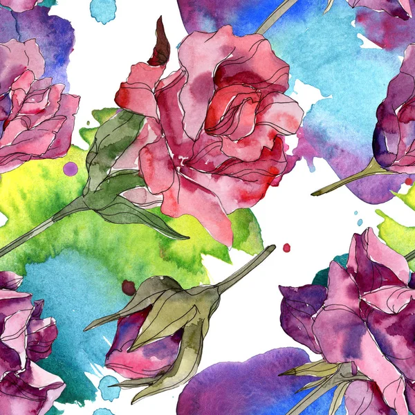 紫色和红色的玫瑰植物花 被隔绝的狂放的春天叶子 水彩插图集 水彩画时尚水彩画 无缝的背景模式 织物壁纸打印纹理 — 图库照片