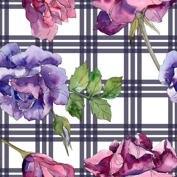 Purple and red rose botanical flowers. Wild spring leaf isolated. Watercolor illustration set. Watercolour drawing fashion aquarelle. Seamless background pattern. Fabric wallpaper print texture.