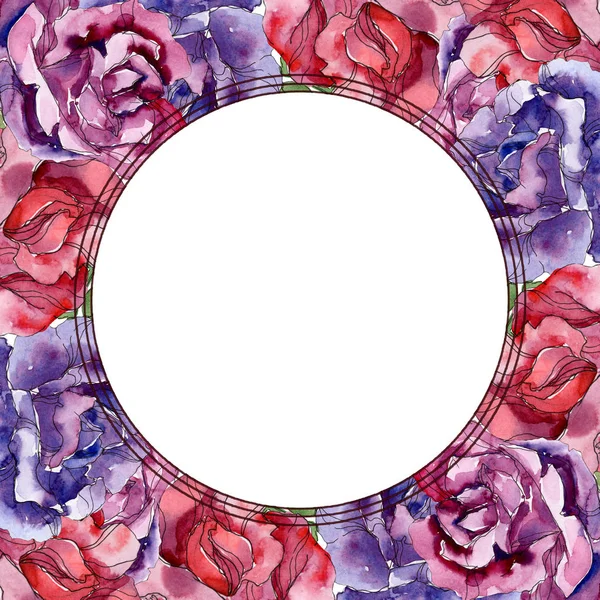 Purple and red rose floral botanical flowers. Wild spring leaf wildflower isolated. Watercolor background illustration set. Watercolour drawing fashion aquarelle. Frame border ornament square.