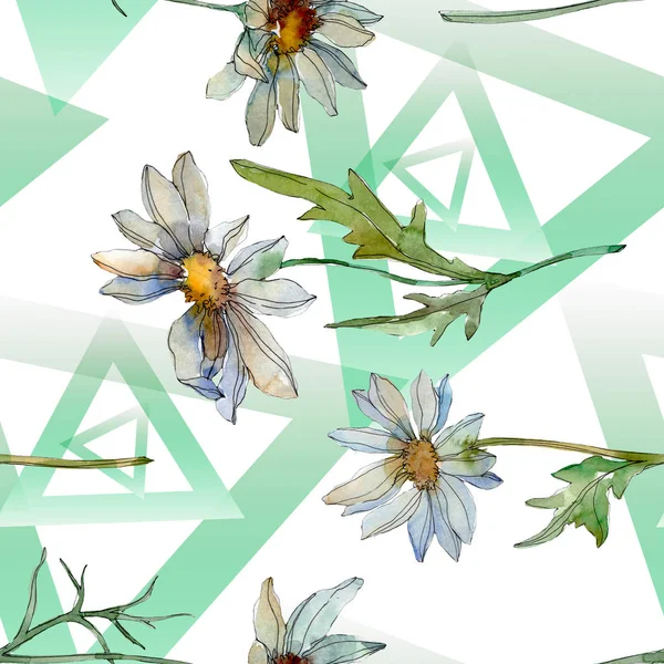 Chamomiles Met Groene Bladeren Aquarel Illustratie Naadloze Achtergrondpatroon — Stockfoto