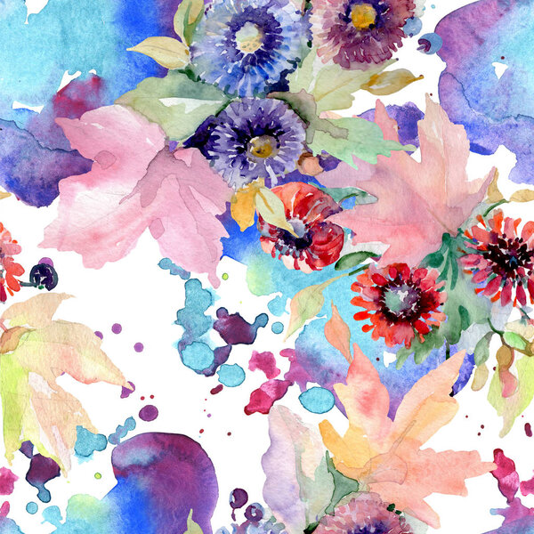 Bouquet floral botanical flowers. Wild spring leaf wildflower isolated. Watercolor illustration set. Watercolour drawing fashion aquarelle. Seamless background pattern. Fabric wallpaper print texture.