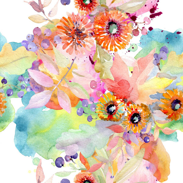 Bouquet floral botanical flowers. Wild spring leaf wildflower isolated. Watercolor illustration set. Watercolour drawing fashion aquarelle. Seamless background pattern. Fabric wallpaper print texture.