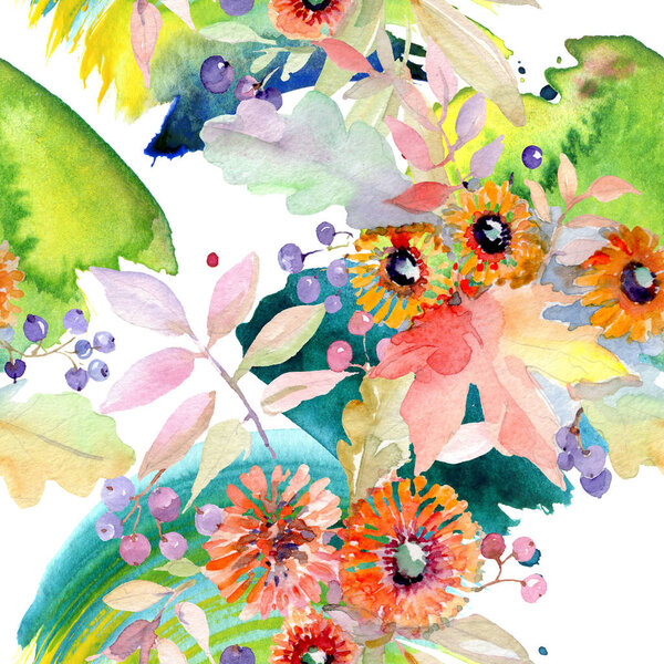 Bouquet floral botanical flowers. Wild spring leaf wildflower isolated. Watercolor illustration set. Watercolour drawing fashion aquarelle. Seamless background pattern. Fabric wallpaper print texture.