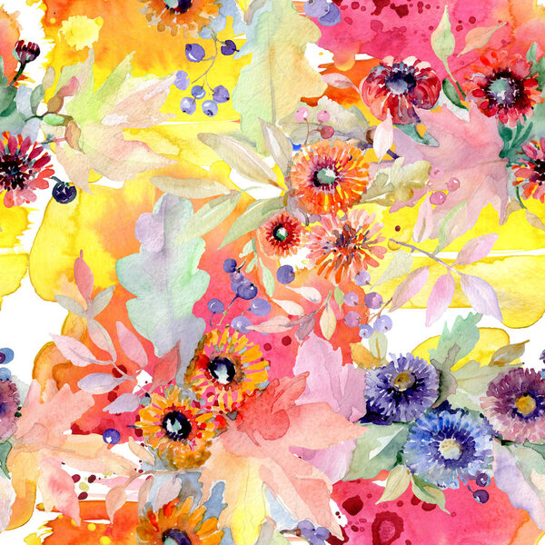 Bouquet floral botanical flowers. Wild spring leaf wildflower isolated. Watercolor illustration set. Watercolour drawing fashion aquarelle. Seamless background pattern. Fabric wallpaper print texture.