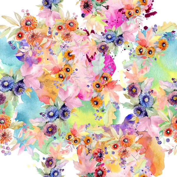 花束花植物の花 野生春葉のワイルドフラワーが分離されました 水彩イラスト セット 水彩描画ファッション Aquarelle シームレスな背景パターン 壁紙印刷手触りの生地 — ストック写真