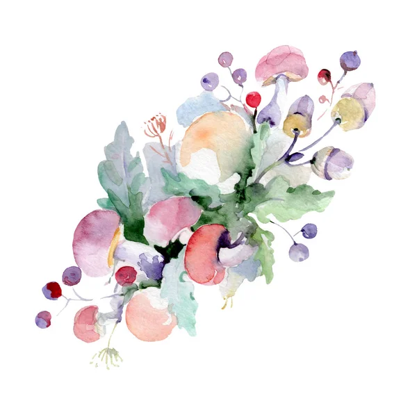 Csokor Virág Gyümölcs Vad Tavaszi Levél Vadvirág Elszigetelt Akvarell Háttér — Stock Fotó