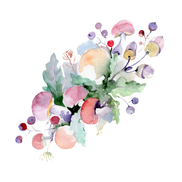 Букет с цветами и фруктами. Дикий весенний цветок изолирован. Набор акварельных фонов. Акварель для рисования акварелью. Изолированный элемент иллюстрации букета
.