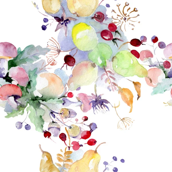 Bouquet Flowers Fruits Wild Spring Leaf Wildflower Isolated Watercolor Illustration — Stock Photo, Image