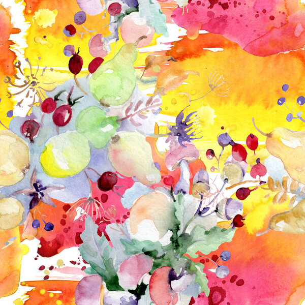 Bouquet with flowers and fruits. Wild spring leaf wildflower isolated. Watercolor illustration set. Watercolour drawing fashion aquarelle. Seamless background pattern. Fabric wallpaper print texture.