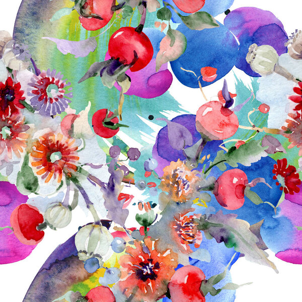 Букет с цветами и фруктами. Дикий весенний цветок изолирован. Набор акварельных рисунков. Акварель для рисования акварелью. Бесшовный рисунок фона. Текстура ткани для печати обоев
.