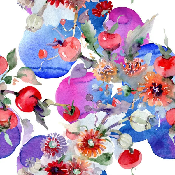 Csokor Virág Gyümölcs Vad Tavaszi Levél Vadvirág Elszigetelt Akvarell Illusztráció — Stock Fotó