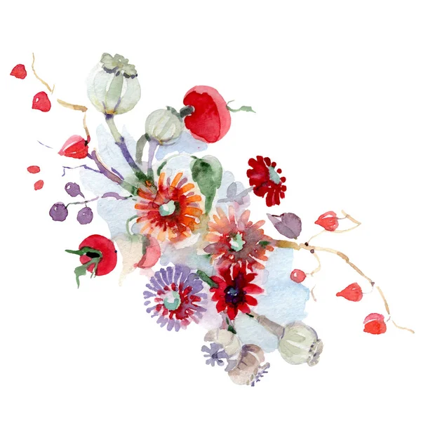Bukett Med Blommor Och Frukter Vilda Våren Leaf Wildflower Isolerade — Stockfoto