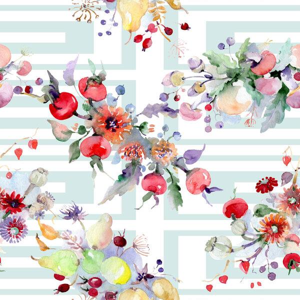 Букет с цветами и фруктами. Дикий весенний цветок изолирован. Набор акварельных рисунков. Акварель для рисования акварелью. Бесшовный рисунок фона. Текстура ткани для печати обоев
.