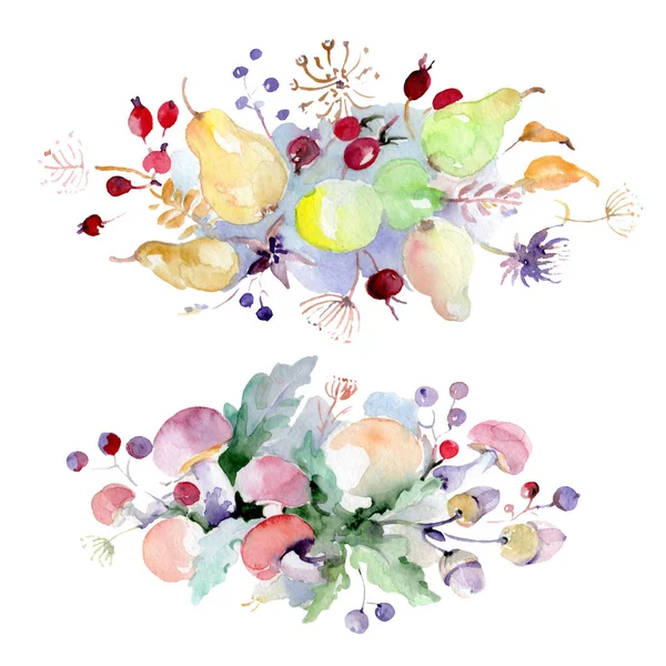 Kytice Květy Plody Divoký Jarní Listové Wildflower Izolován Sada Akvarel — Stock fotografie