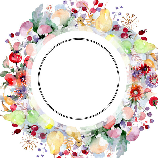 Букет с цветами и фруктами. Дикий весенний цветок изолирован. Набор акварельных фонов. Акварель акварель акварель изолирована. Граничный орнамент
.