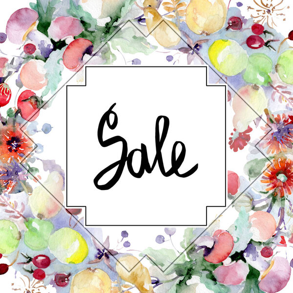 Букет с цветами и фруктами. Дикий весенний цветок изолирован. Набор акварельных фонов. Акварель акварель акварель изолирована. Граничный орнамент
.