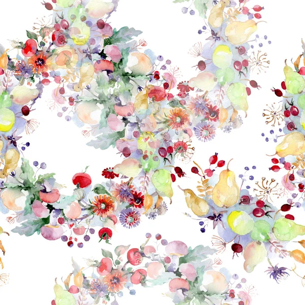 花束与鲜花和水果 野生春叶野花分离 水彩插图集 水彩画时尚水彩画 无缝的背景模式 织物壁纸打印纹理 — 图库照片