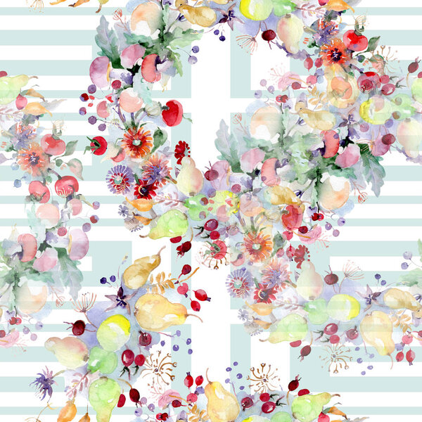 Букет с цветами и фруктами. Дикий весенний цветок изолирован. Набор акварельных рисунков. Акварель для рисования акварелью. Бесшовный рисунок фона. Текстура ткани для печати обоев
.