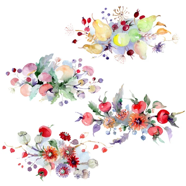 Bouquet Flowers Fruits Wild Spring Leaf Wildflower Isolated Watercolor Background — Stock Photo, Image