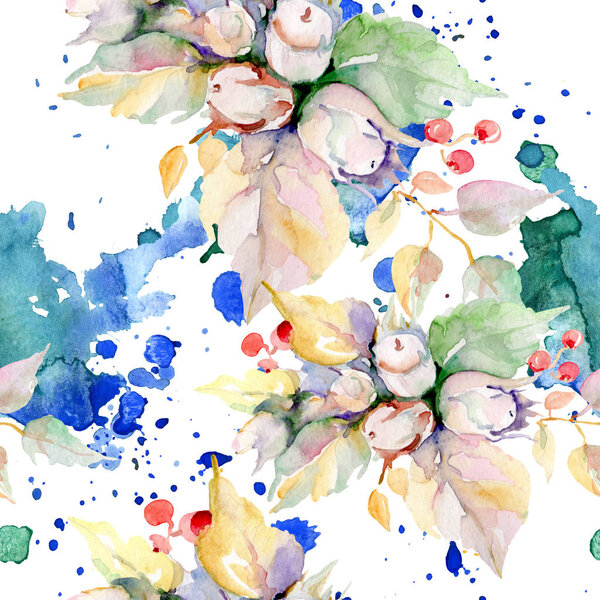 Bouquet of autumn forest fruits. Wild spring leaf isolated. Watercolor illustration set. Watercolour drawing fashion aquarelle isolated. Seamless background pattern. Fabric wallpaper print texture.