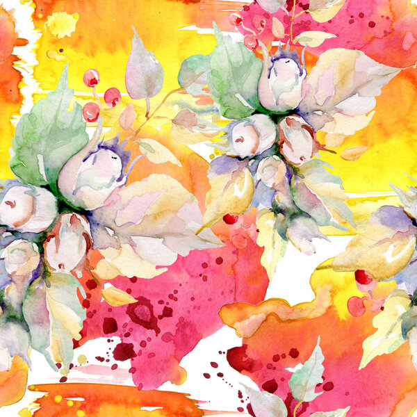 Bouquet of autumn forest fruits. Wild spring leaf isolated. Watercolor illustration set. Watercolour drawing fashion aquarelle isolated. Seamless background pattern. Fabric wallpaper print texture.
