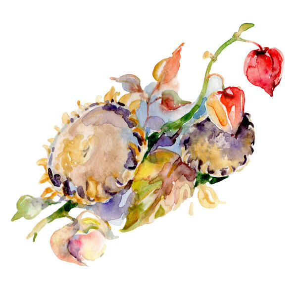 Bouquet with sunflowers floral botanical flower. Wild spring leaf isolated. Watercolor background set. Watercolour drawing fashion aquarelle. Isolated bouquet illustration element.