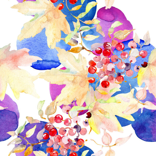 Bouquet of autumn forest fruits. Wild spring leaf isolated. Watercolor illustration set. Watercolour drawing fashion aquarelle isolated. Seamless background pattern. Fabric wallpaper print texture.