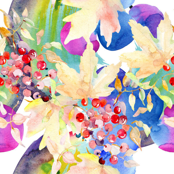 Bouquet of autumn forest fruits. Wild spring leaf isolated. Watercolor illustration set. Watercolour drawing fashion aquarelle isolated. Seamless background pattern. Fabric wallpaper print texture.