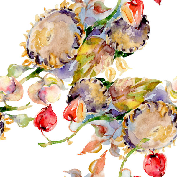 Bouquet of autumn forest fruits. Wild spring leaf isolated. Watercolor illustration set. Watercolour drawing fashion aquarelle isolated. Seamless background pattern. Fabric wallpaper print texture.
