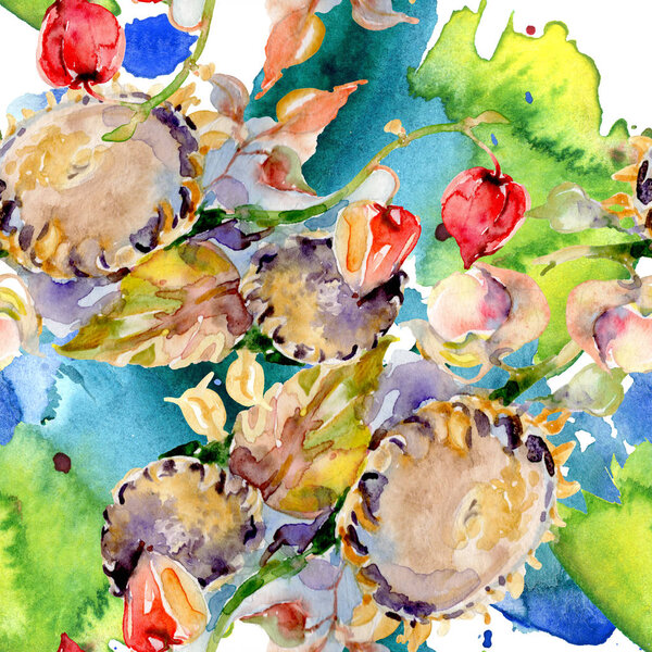Bouquet of autumn forest fruits. Wild spring leaf isolated. Watercolor illustration set. Watercolour drawing fashion aquarelle isolated. Seamless background pattern. Fabric wallpaper print texture.